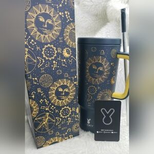 Meoky - 40oz Gray and Gold Astrology Tumbler with Handle and Straw Set